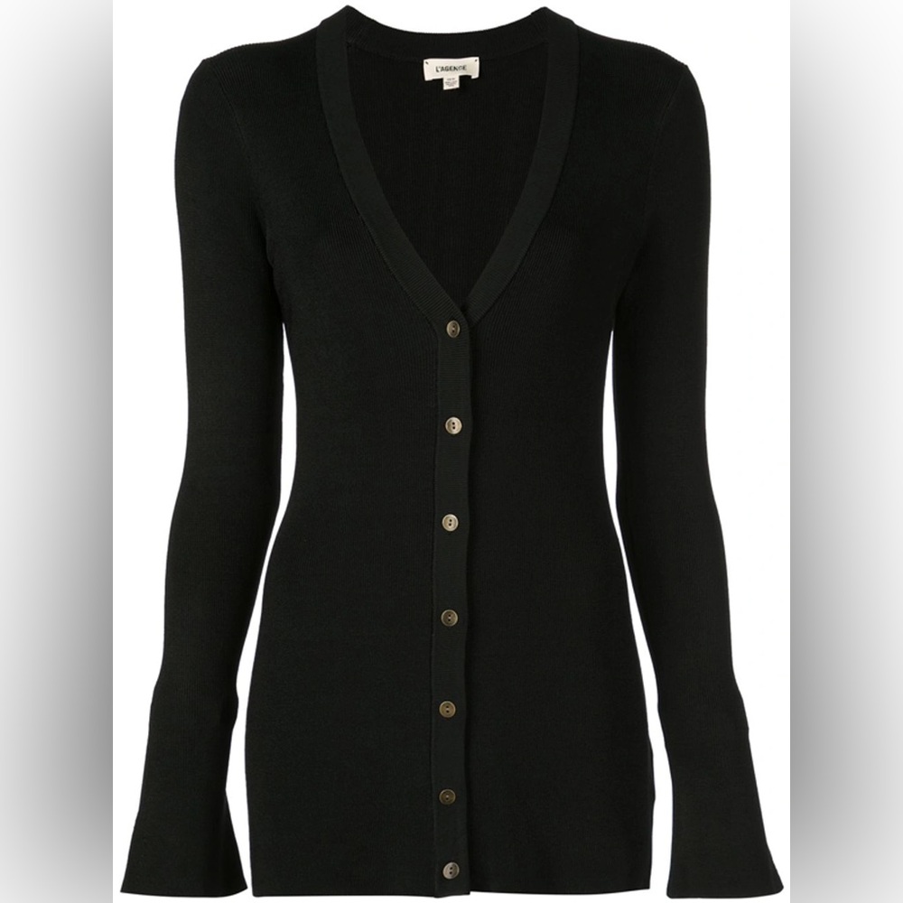 L'AGENCE - Elegant Black Long Button Up Cardigan, Weighted & Comfortable.